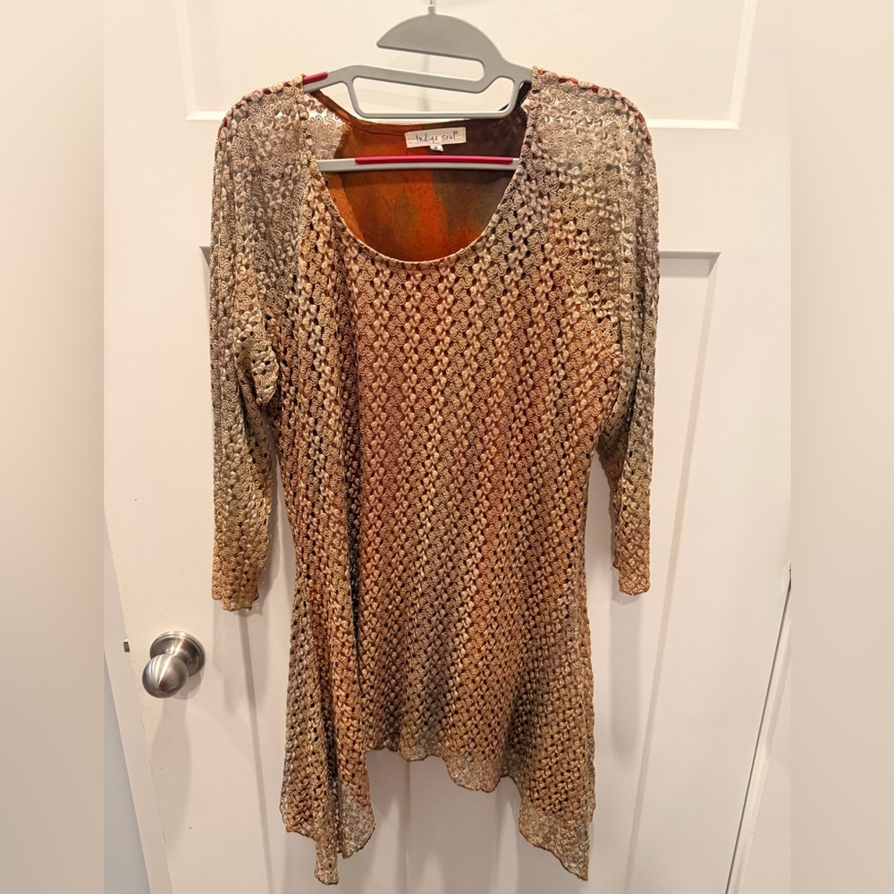 Indigo Soul Gold Metallic Crochet Lace Top Size M Boho Sheer Overlay Tunic